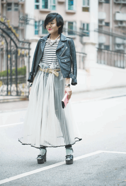 SAINT LAURENT leather jacket COS Stripe top EK Thongprasert X JOYCE necklace TOGA ARCHIVES organza skirt TOPSHOP skinny jeans ROGER VIVIER clutch SAINT LAURENT sandals