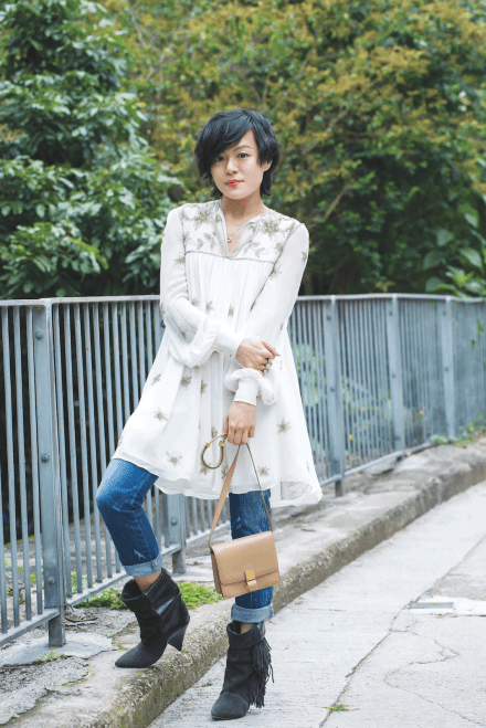 SAINT LAURENT dress JOHN HARDY necklace ALL SAINT ring DIESEL jeans CELINE bag ISABEL MARANT X H&M boots