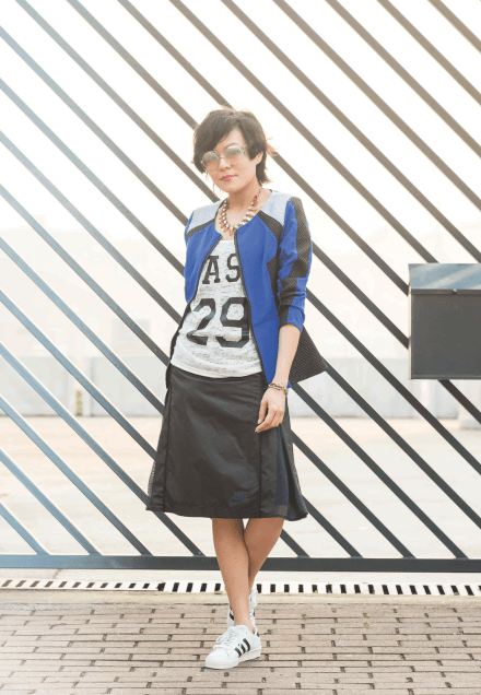 Look6: CHANEL sunglasses STYLE TALKER jacket J. CREW necklace NO BRAND top NIKE X SACAI skirt ADIDAS ORIGINALS by HYKE sneakers